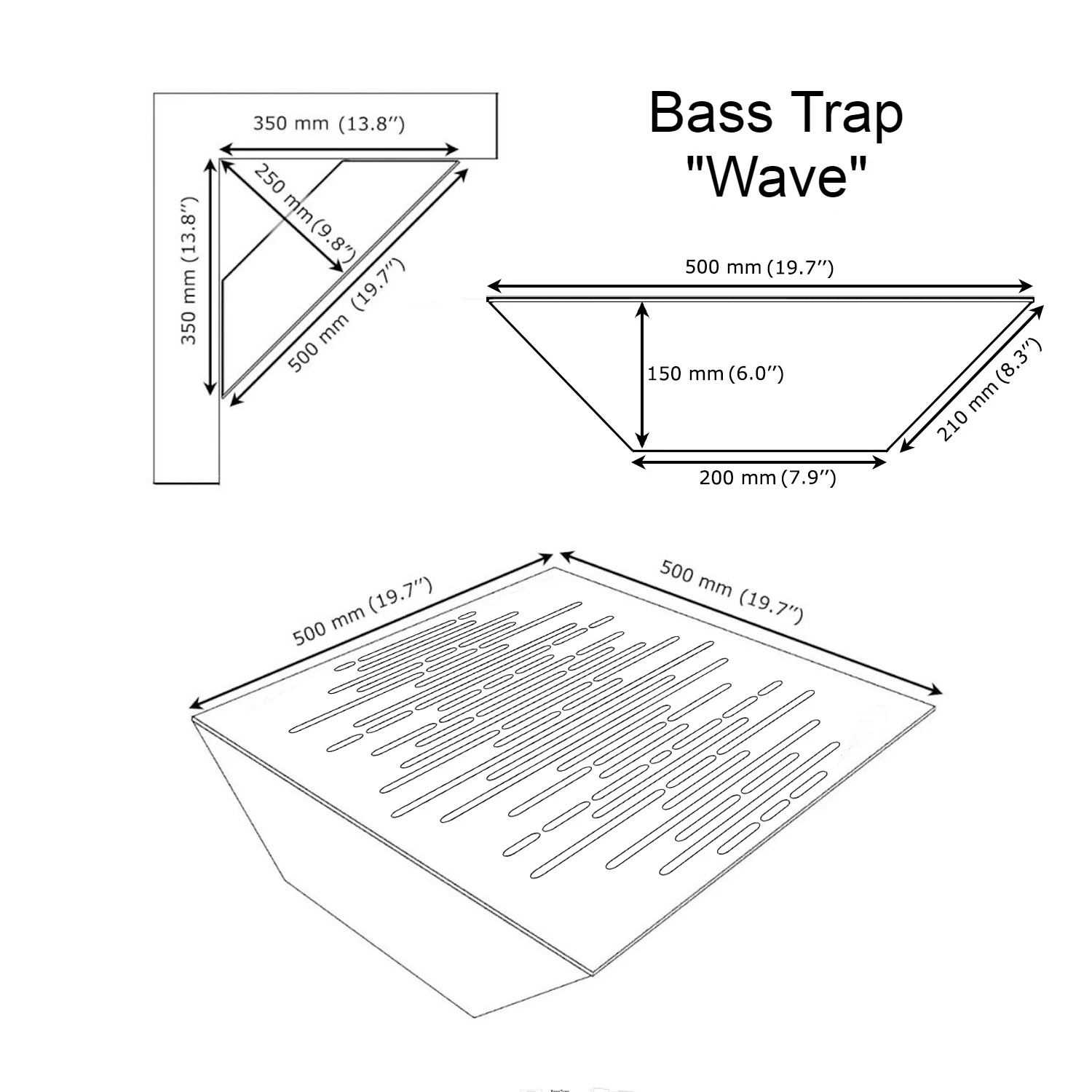 Illustration of the dimensions of bass trap «Wave» thick 200 mm.