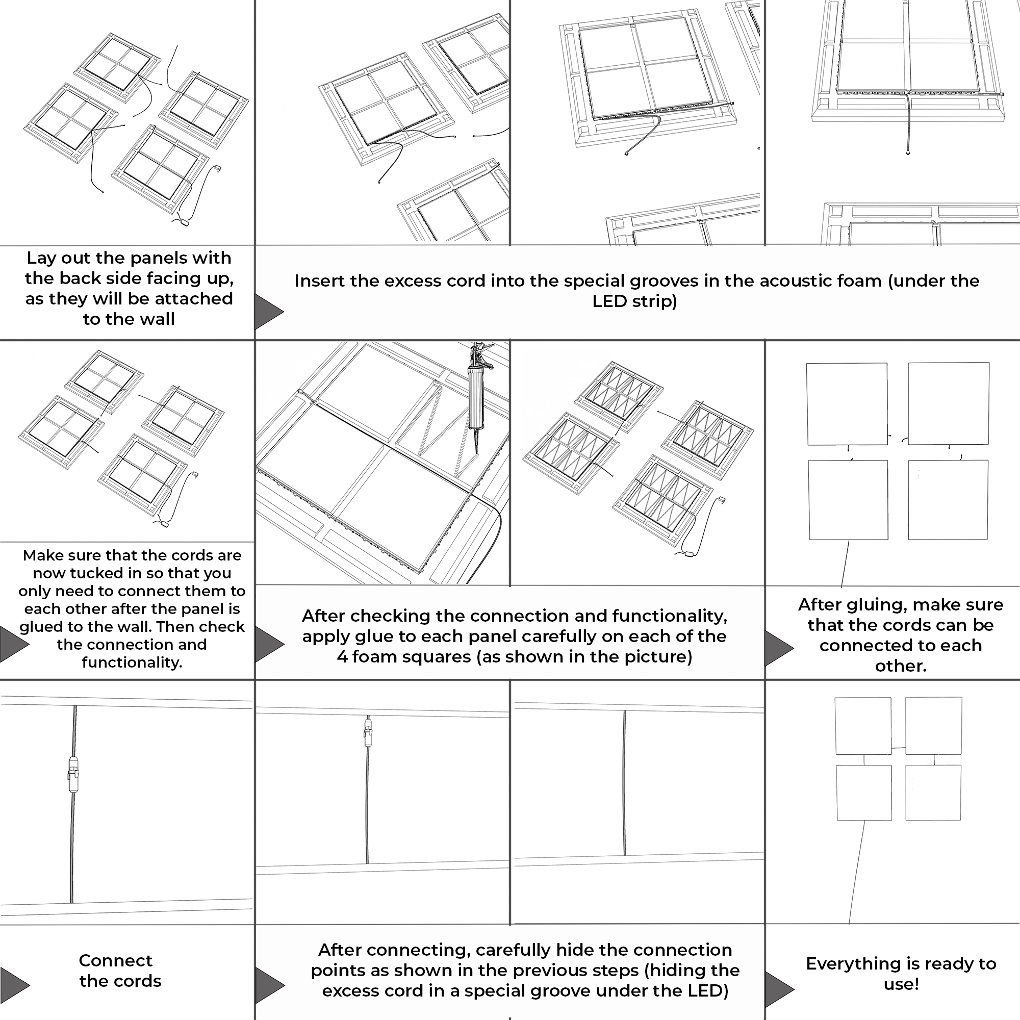 Demonstration of the installation of Acoustic panels with Led backlight SQUARE.